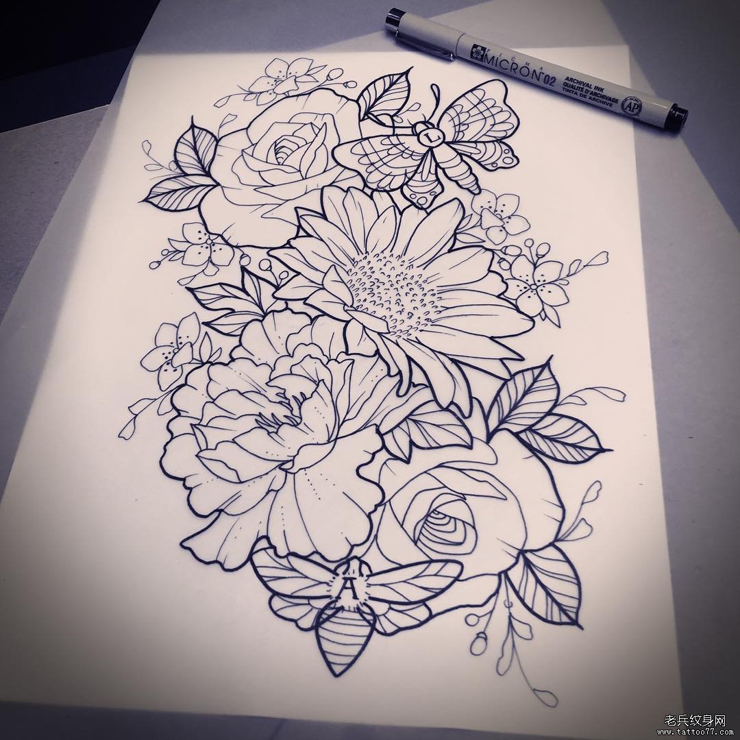 欧美玫瑰花蜻蜓蜜蜂纹身图案手稿