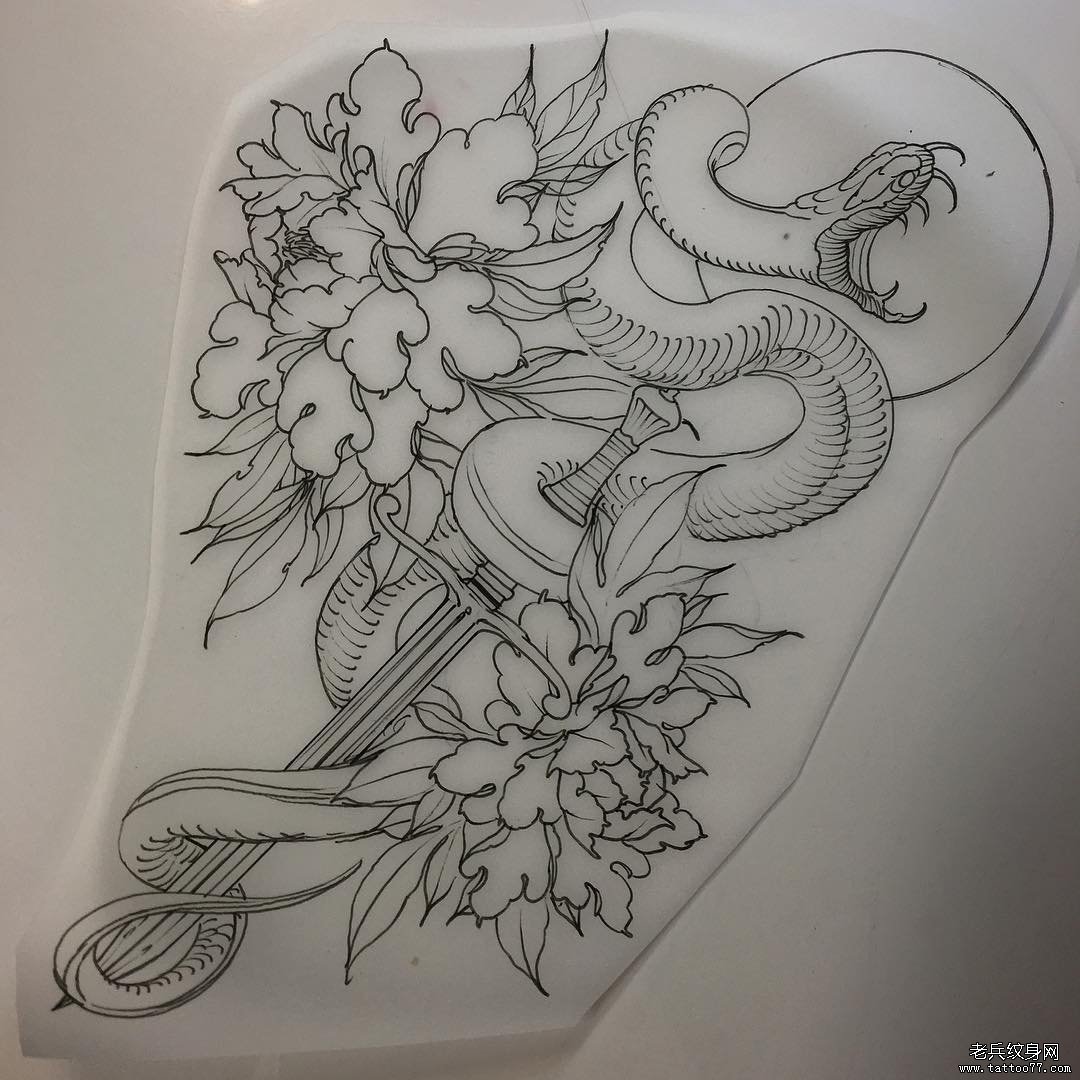 school欧美蛇牡丹纹身图案线条手稿