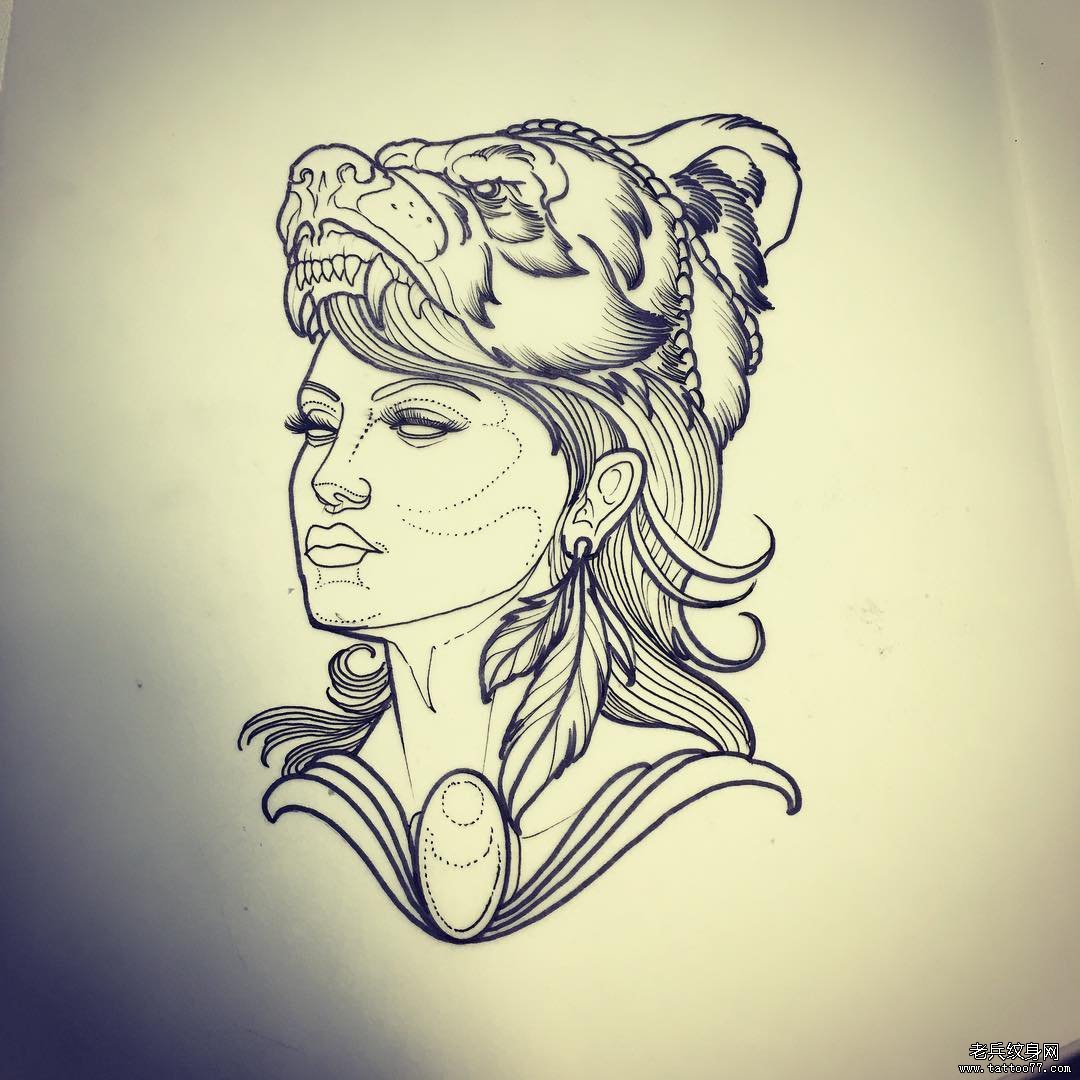 欧美school女郎熊纹身图案线条手稿