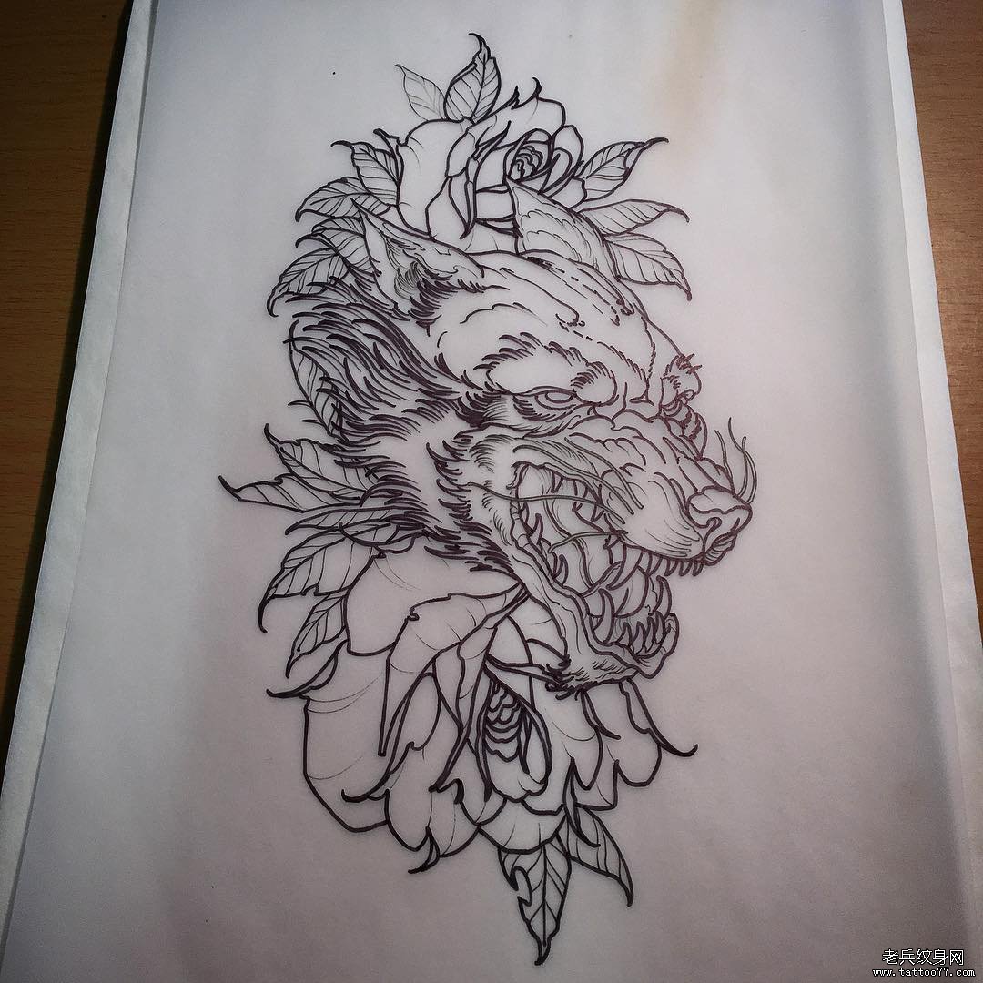 欧美school狼头纹身图案线条手稿