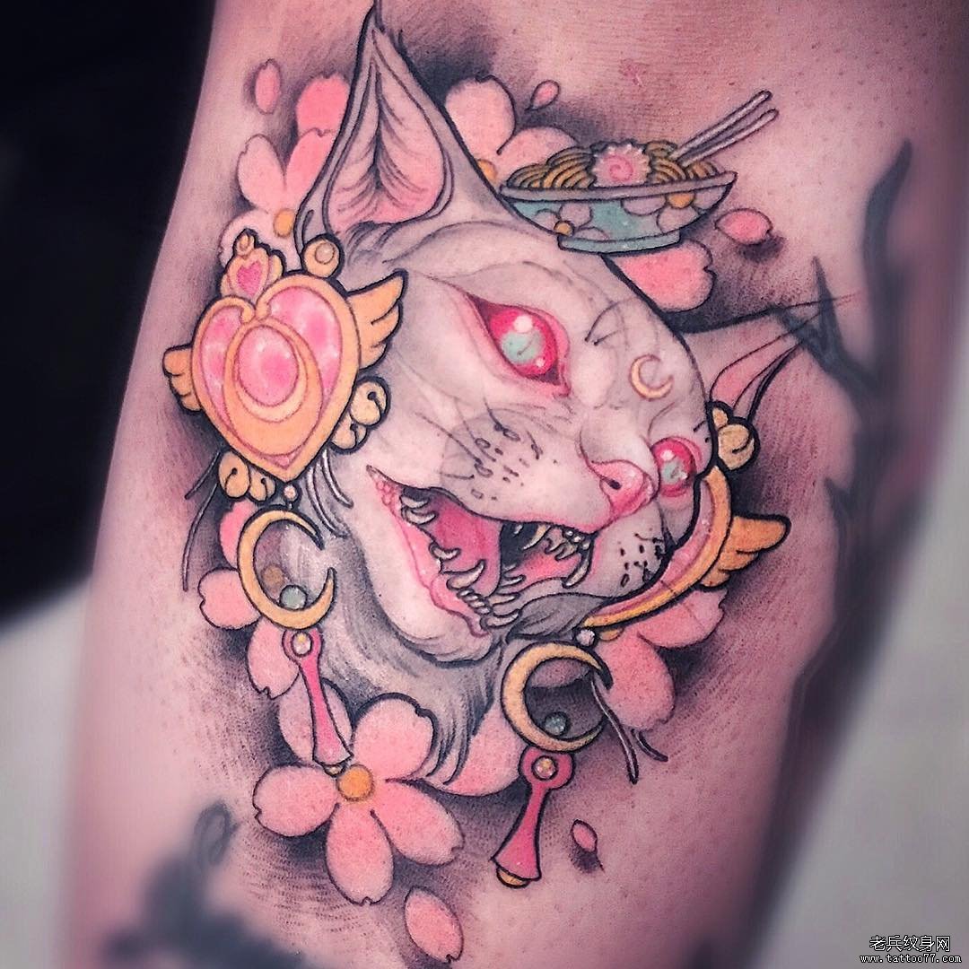 胳膊小清新少女彩色猫纹身图案