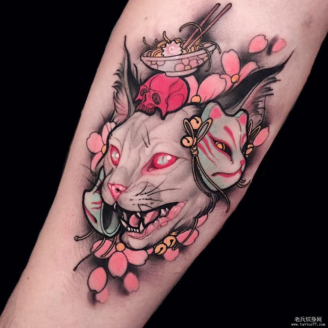 胳膊小清新少女彩色猫 猫面具纹身图案