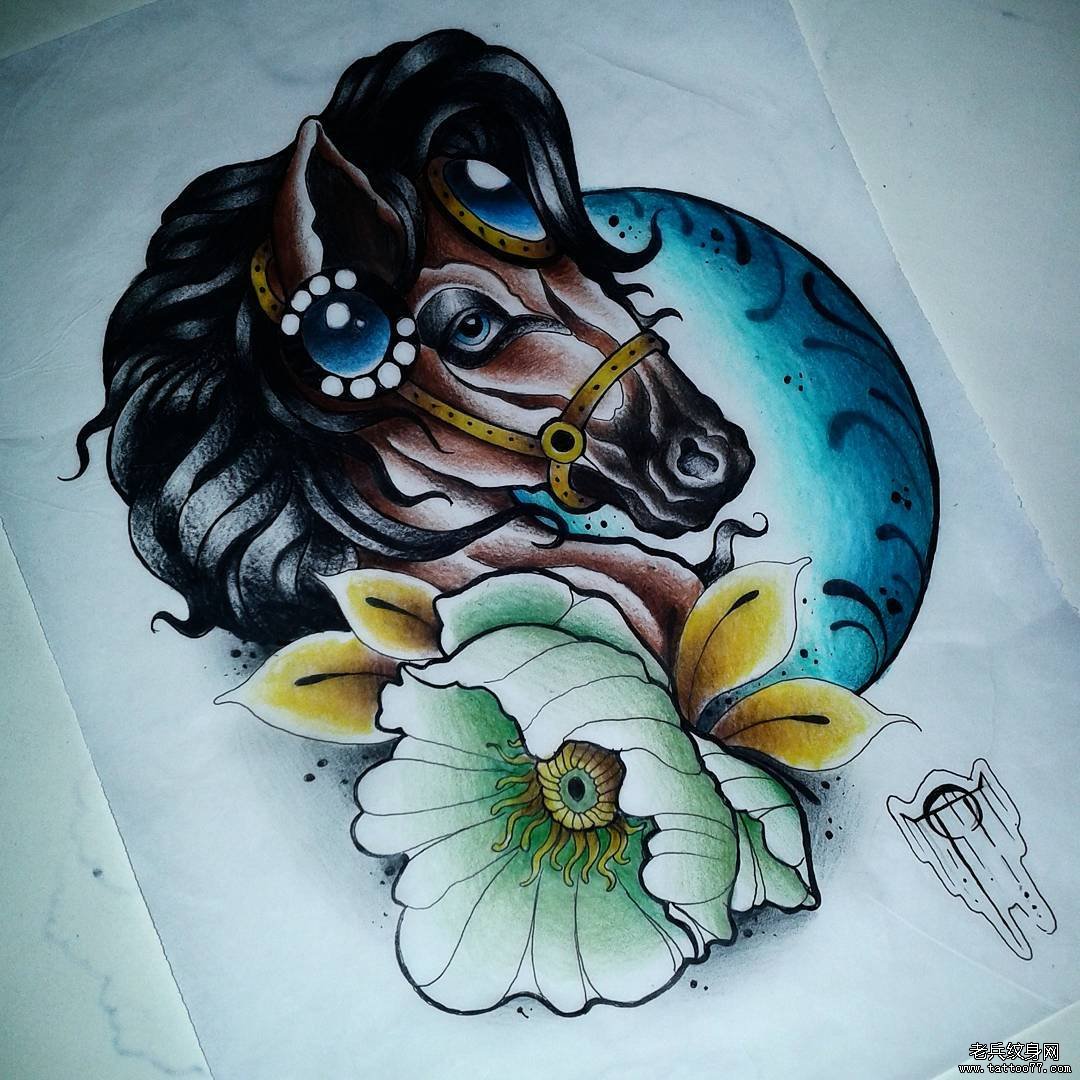 欧美school马花卉纹身图案手稿
