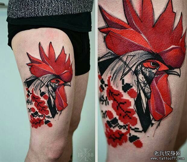 大腿欧美公鸡纹身图案