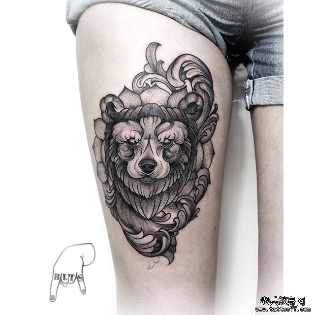 大腿欧美熊线条点刺纹身tattoo图案