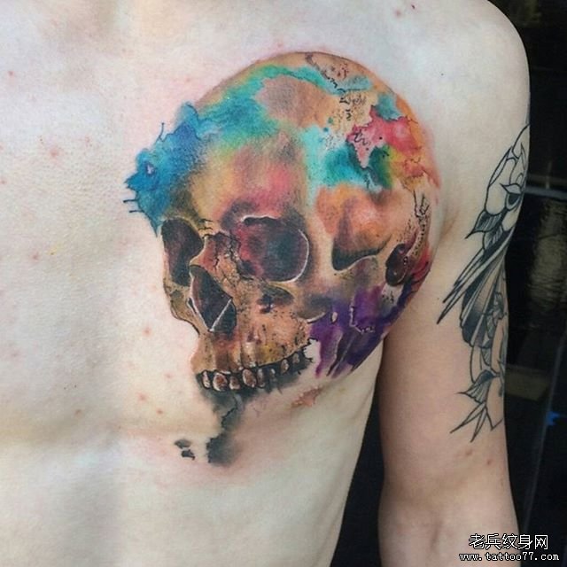 胸口骷髅泼墨tattoo纹身图案