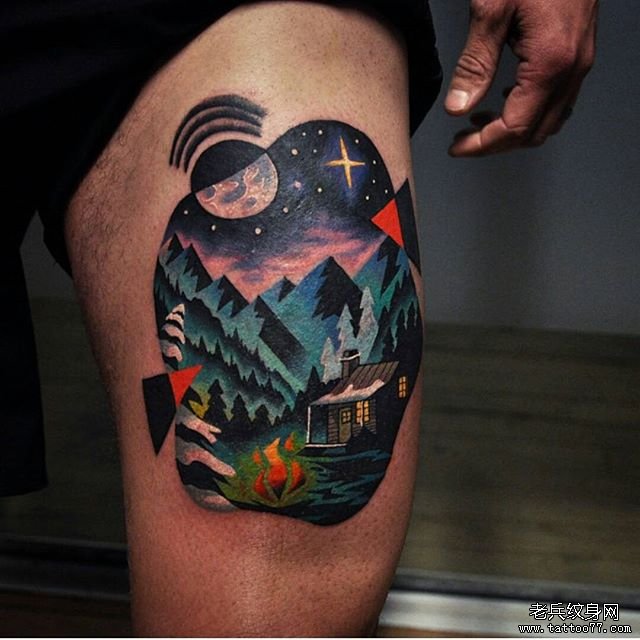 大腿星空树遮盖tattoo纹身图案