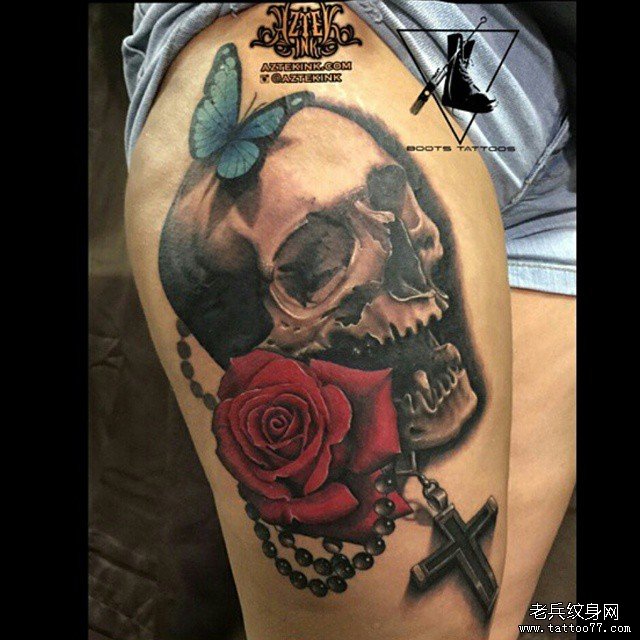 大腿欧美骷髅蝴蝶十字架tattoo纹身图案
