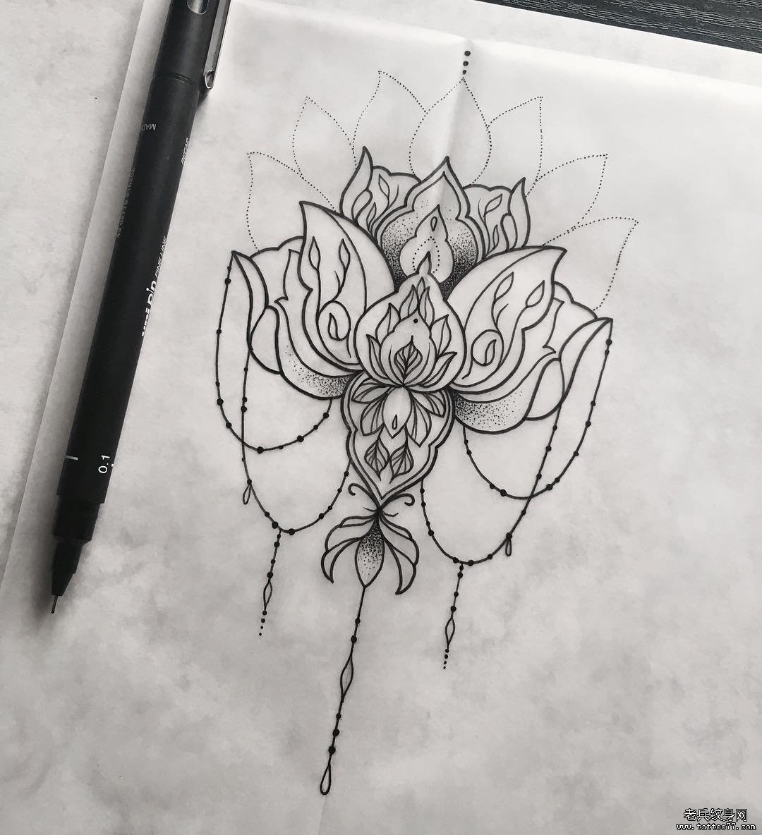 欧美梵花点刺线条纹身图案手稿