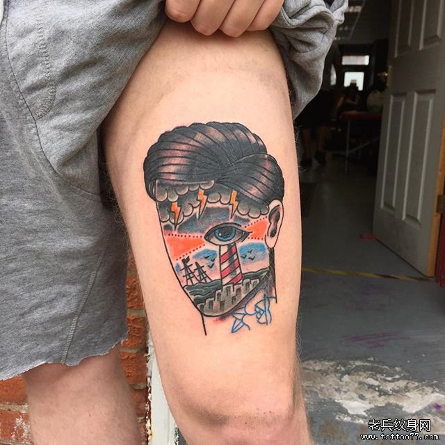 欧美大腿人像灯塔个性纹身图案