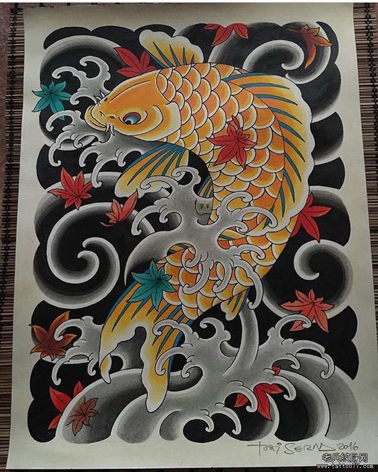 老传统鲤鱼纹身图案手稿