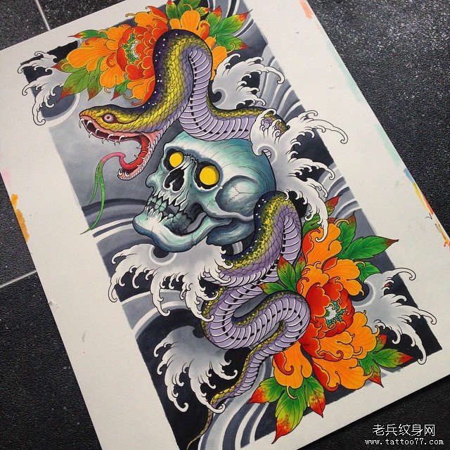 传统蛇骷髅菊花纹身图案手稿