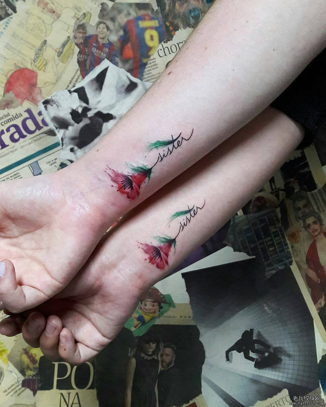 手腕泼墨小清新花卉纹身图案