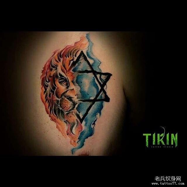 六芒星狮子泼墨纹身图案手稿