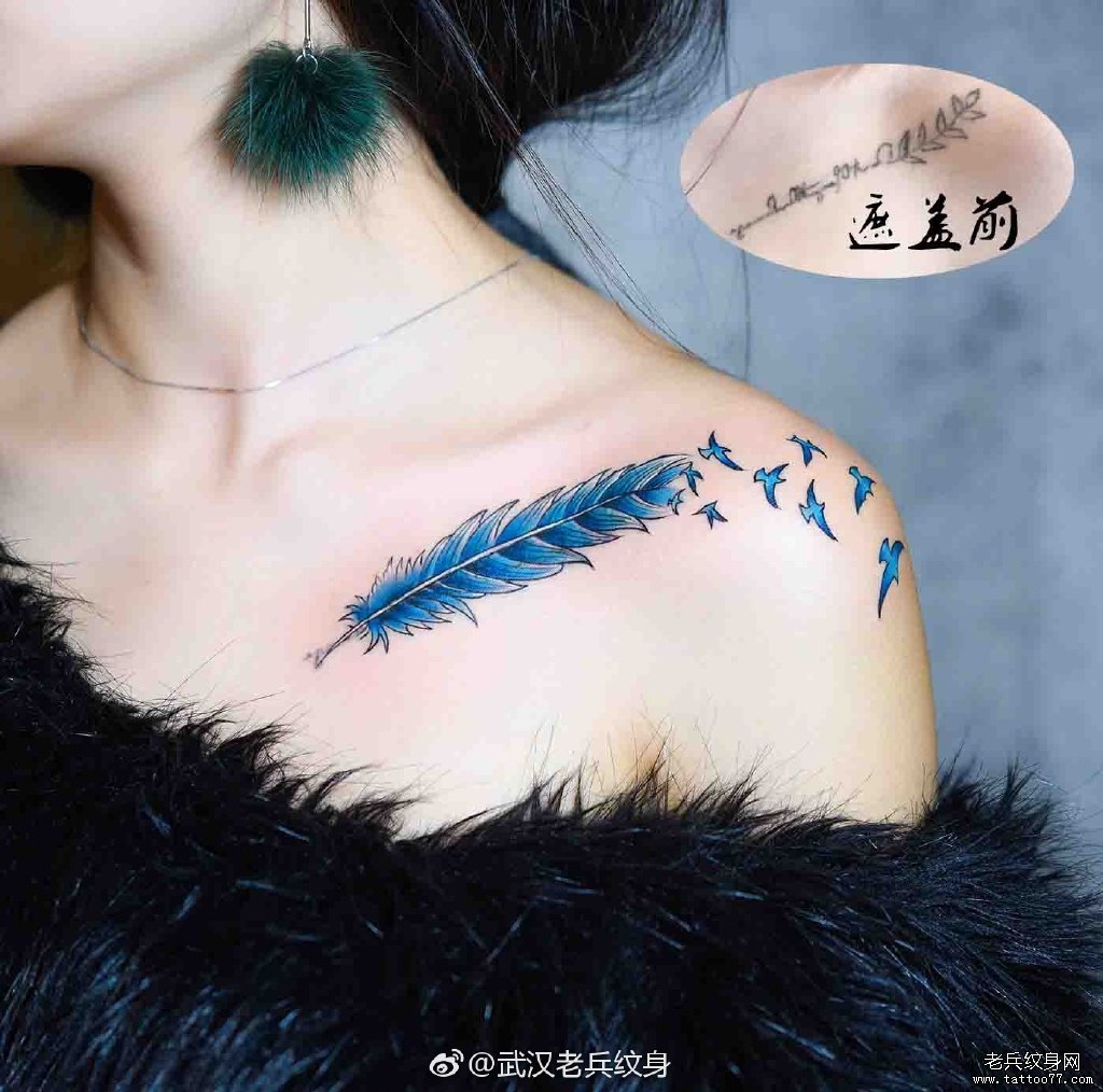 锁骨蓝色羽毛纹身图案作品遮盖旧纹身