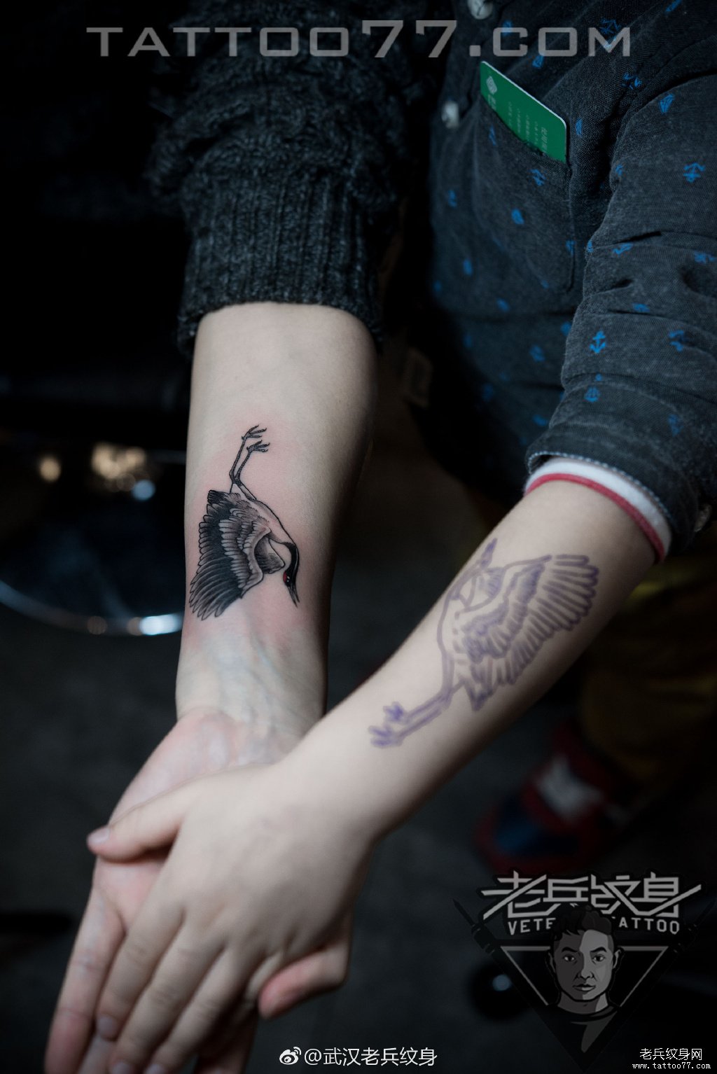 手腕仙鹤纹身图案作品
