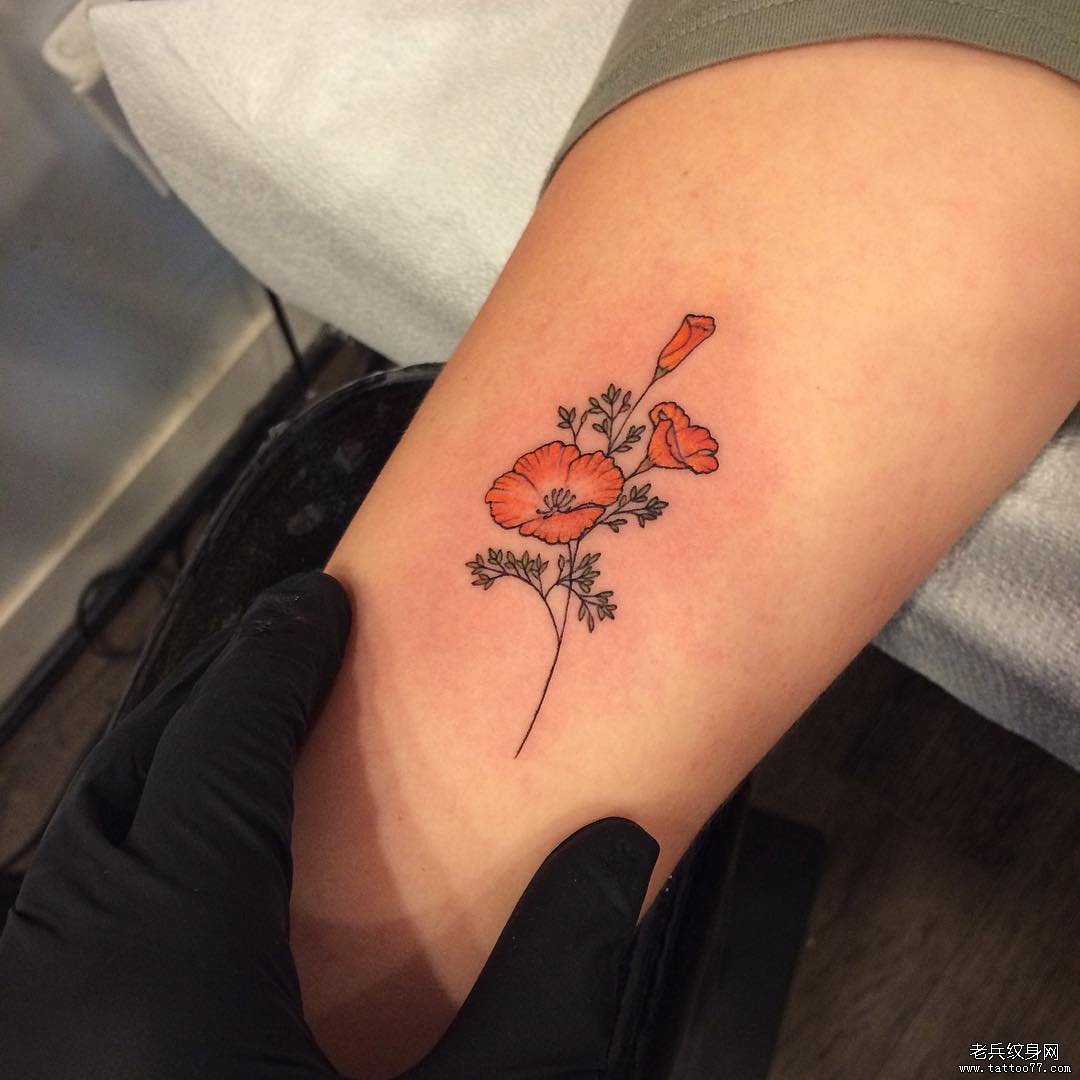 大腿小清新欧美彩色花卉纹身图案