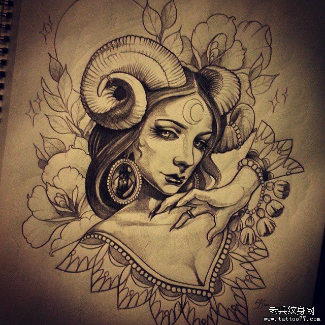 欧美羚角花卉女郎纹身图案手稿