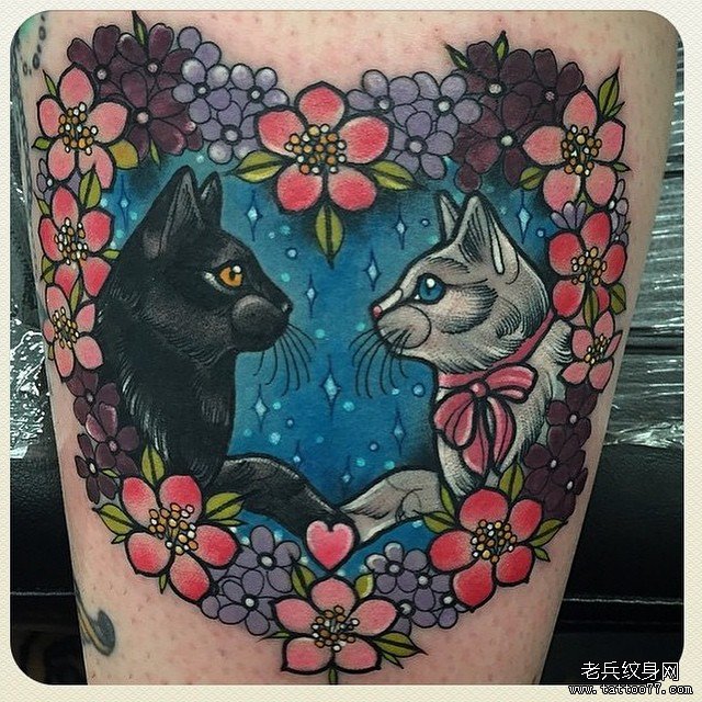 大腿欧美school猫纹身图案
