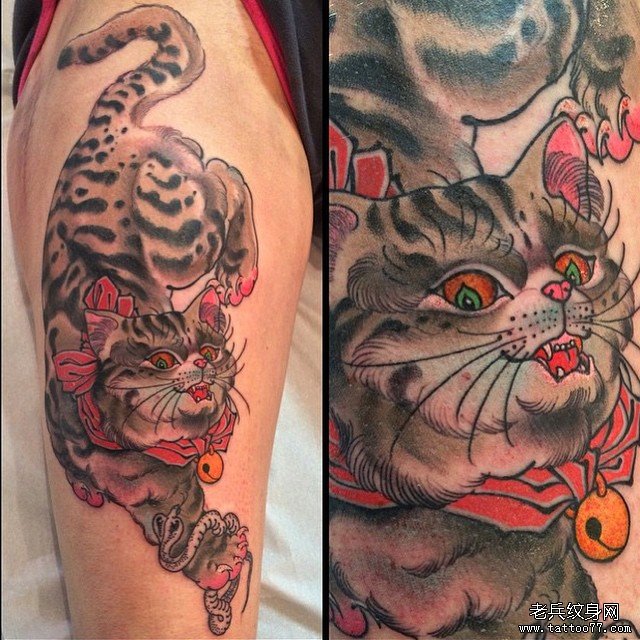 大腿欧美猫纹身图案