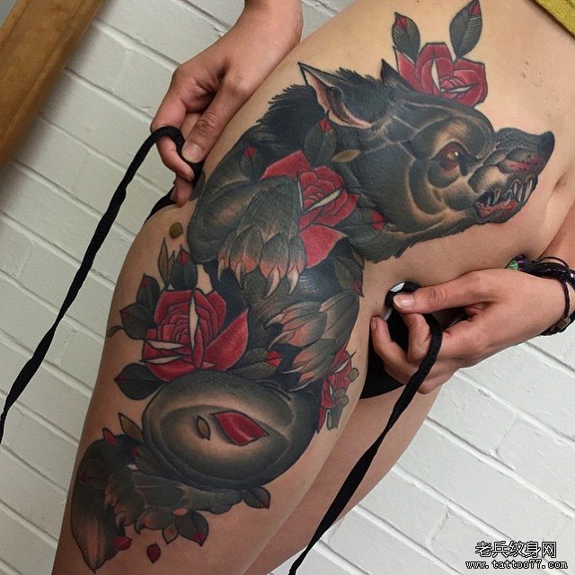大腿old school 狼纹身图案