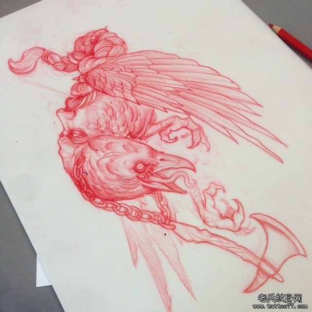 欧美school乌鸦手稿纹身图案