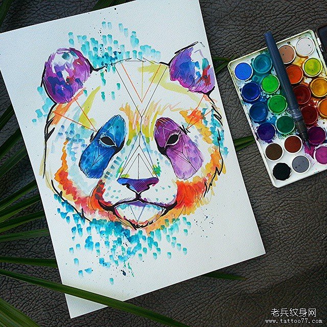 欧美泼墨熊猫纹身图案手稿