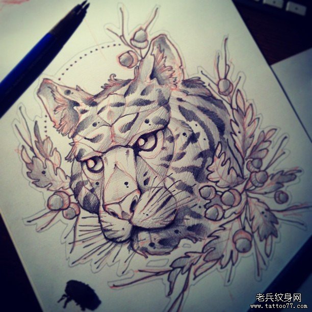 欧美school老虎纹身图案手稿