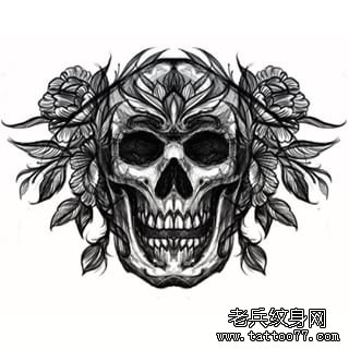 欧美school骷髅花卉纹身图案手稿