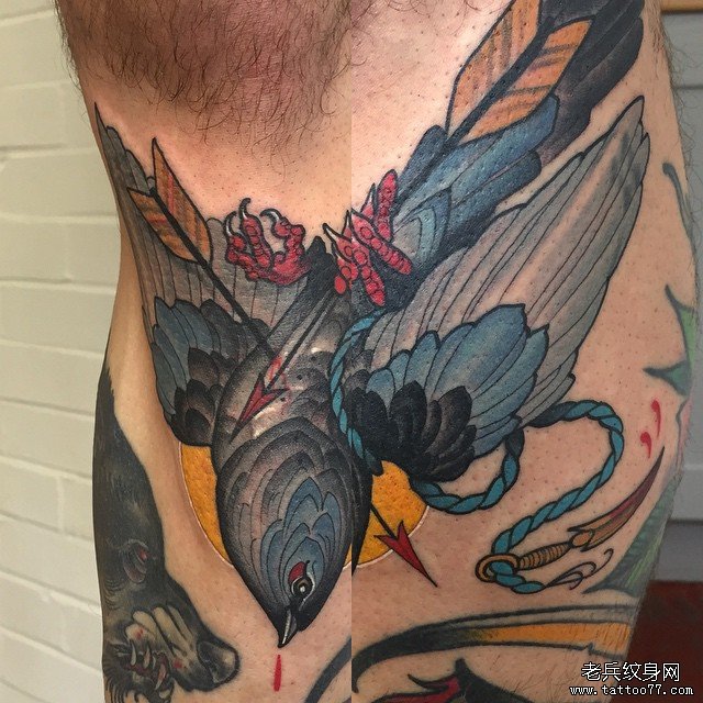 小腿欧美school鸟纹身图案