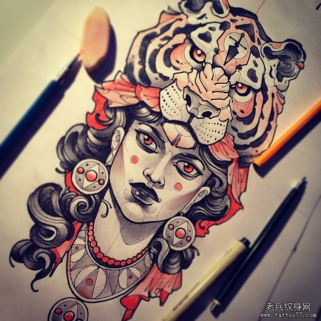 欧美school女郎老虎纹身图案手稿