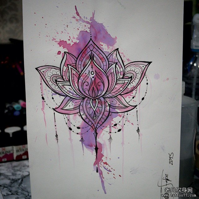欧美泼墨莲花纹身图案手稿