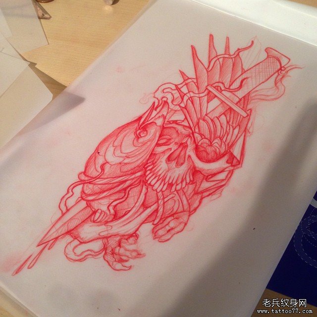 欧美鸟匕首school纹身图案手稿