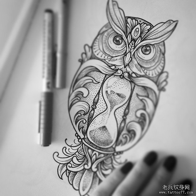 欧美猫头鹰school点刺纹身图案手稿
