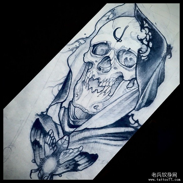 欧美死神飞蛾纹身图案手稿