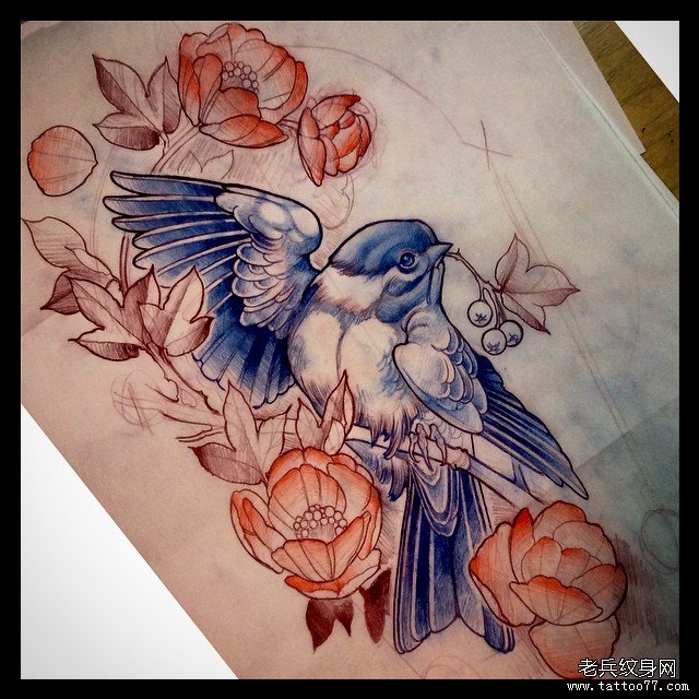 欧美 new school鸟花纹身图案手稿