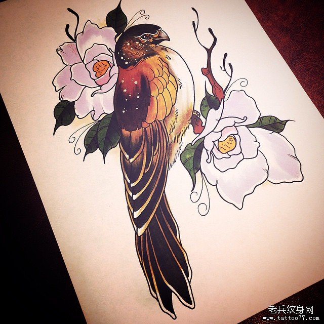 欧美花鸟纹身图案手稿