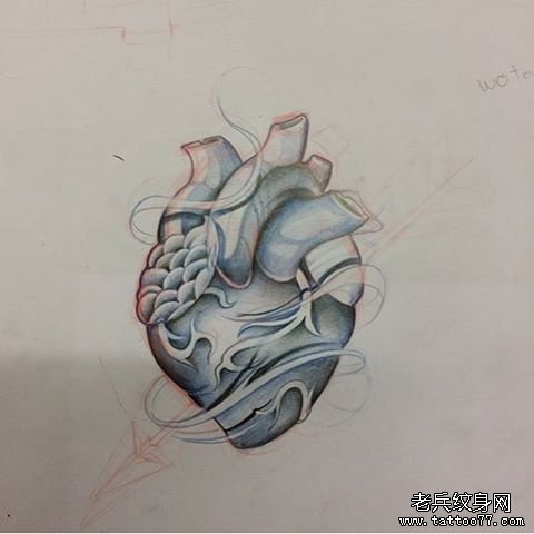 欧美心脏纹身黑灰图案手稿