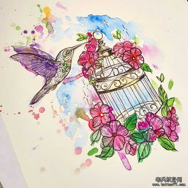 欧美泼墨鸟鸟笼纹身图案手稿