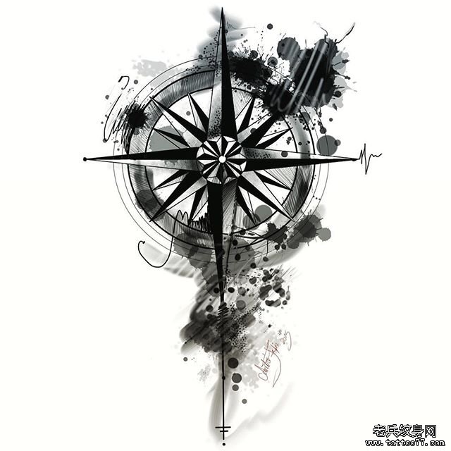 欧美指南针黑灰泼墨纹身图案手稿