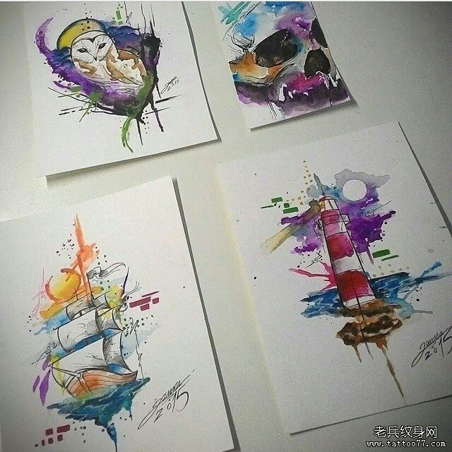 欧美帆船彩色泼墨纹身图案手稿