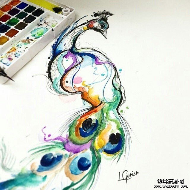 欧美彩色泼墨孔雀纹身图案手稿
