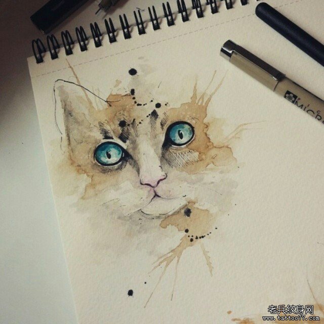 欧美泼墨猫纹身图案手稿