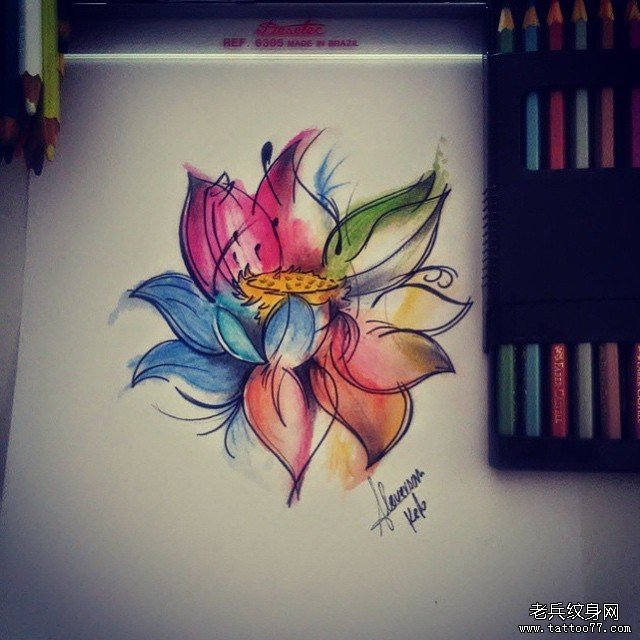 彩色莲花泼墨纹身图案手稿
