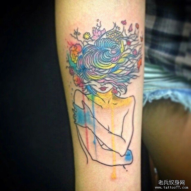 小臂欧美插画女郎纹身图案