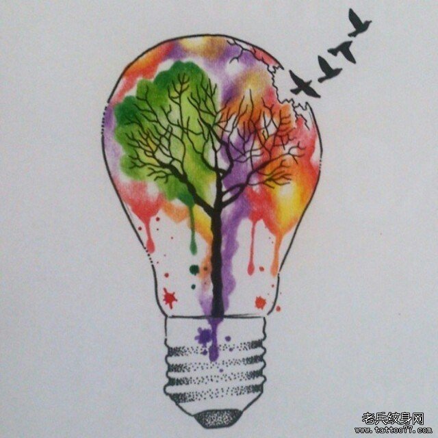 欧美泼墨灯泡树纹身图案手稿