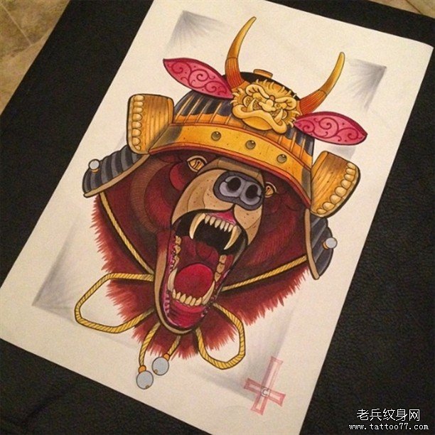 欧美熊武士彩色纹身图案手稿