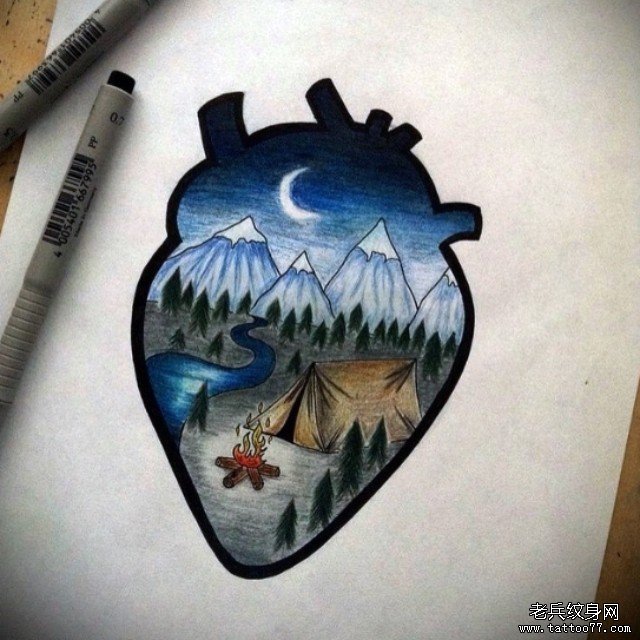 欧美心脏彩色风景纹身图案手稿