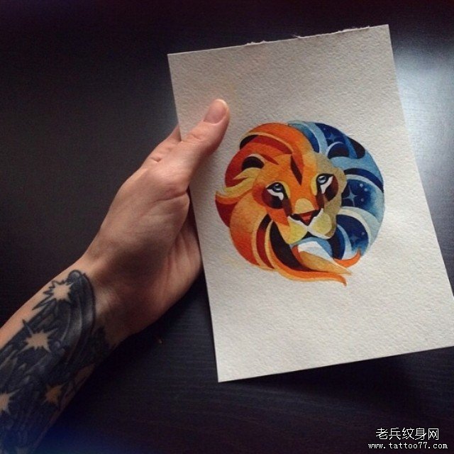 欧美彩色狮子纹身图案手稿