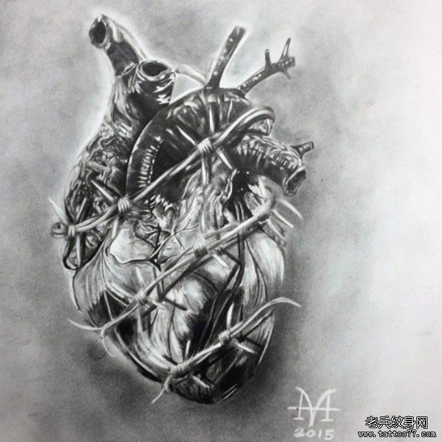欧美黑灰心脏荆棘纹身图案手稿